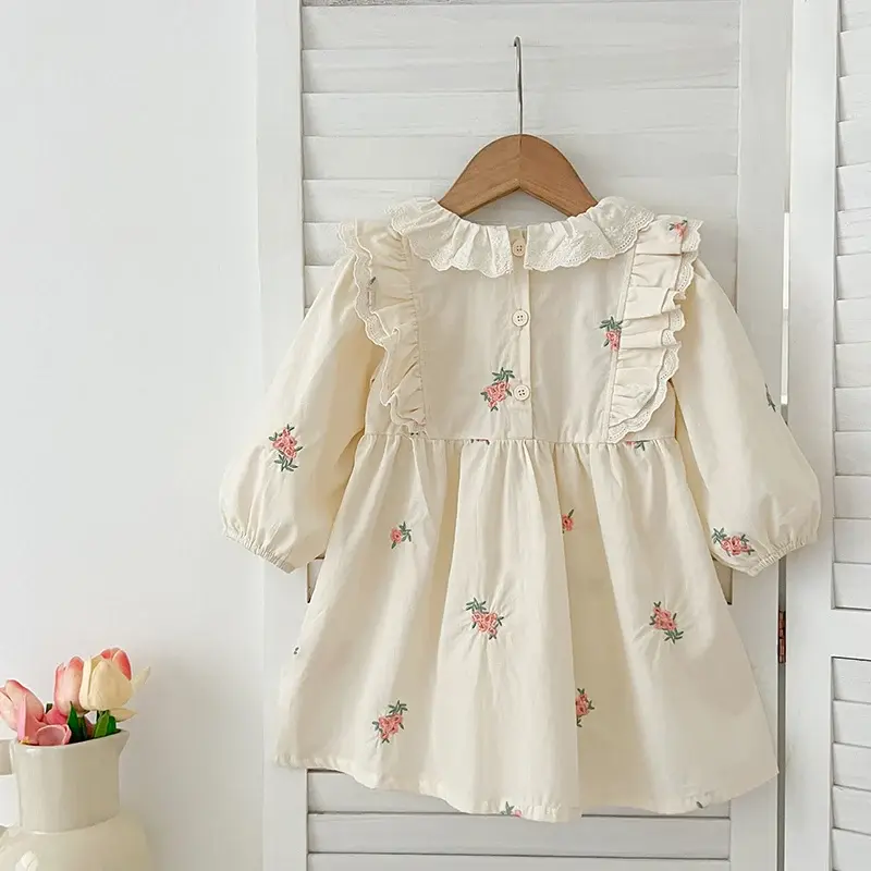 1-6Yrs Kids Dress Autumn Girls Dresses Long Sleeve Toddler Floral Embroidered Princess Dress Children Party Baby Clothing Retro