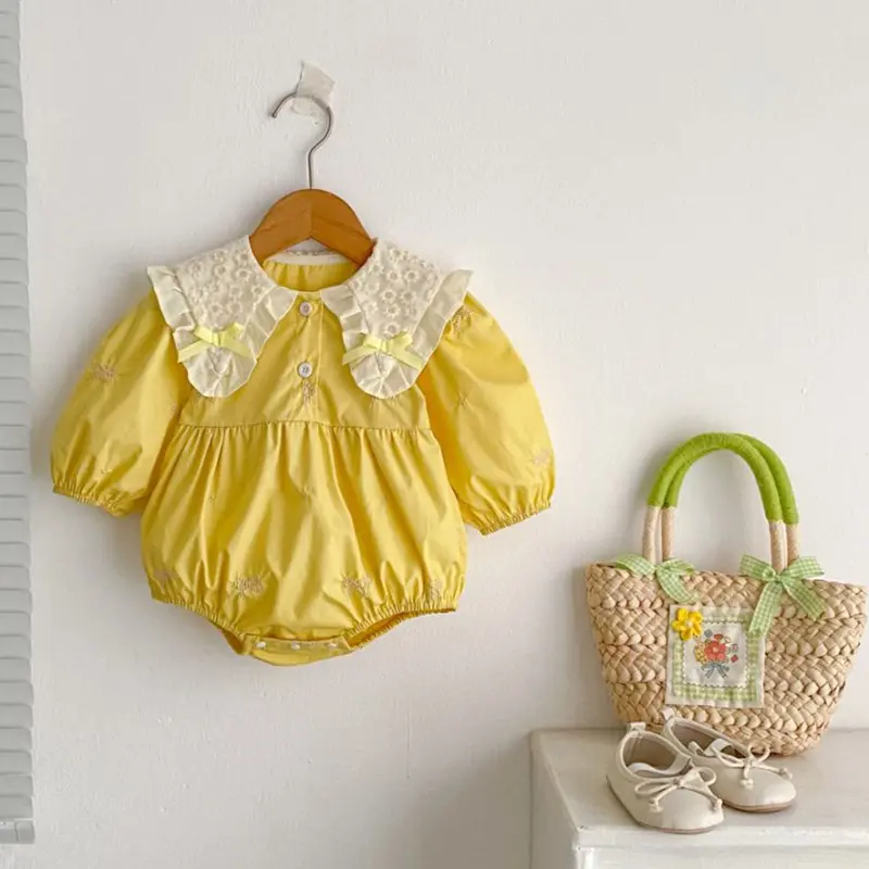 Newborn Baby Girl Romper Lace Bow Ribbon Ruffle Jumpsuit Long Sleeve Infant Toddler Floral Onesie Spring Embroidery Baby Clothes