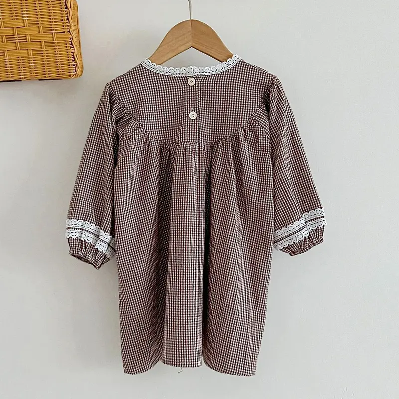 Spring Autumn Kids Baby Girls Long Sleeve Sweet Flower Embroider Princess Dress Baby Girls Grid Dress Children Clothes Dress