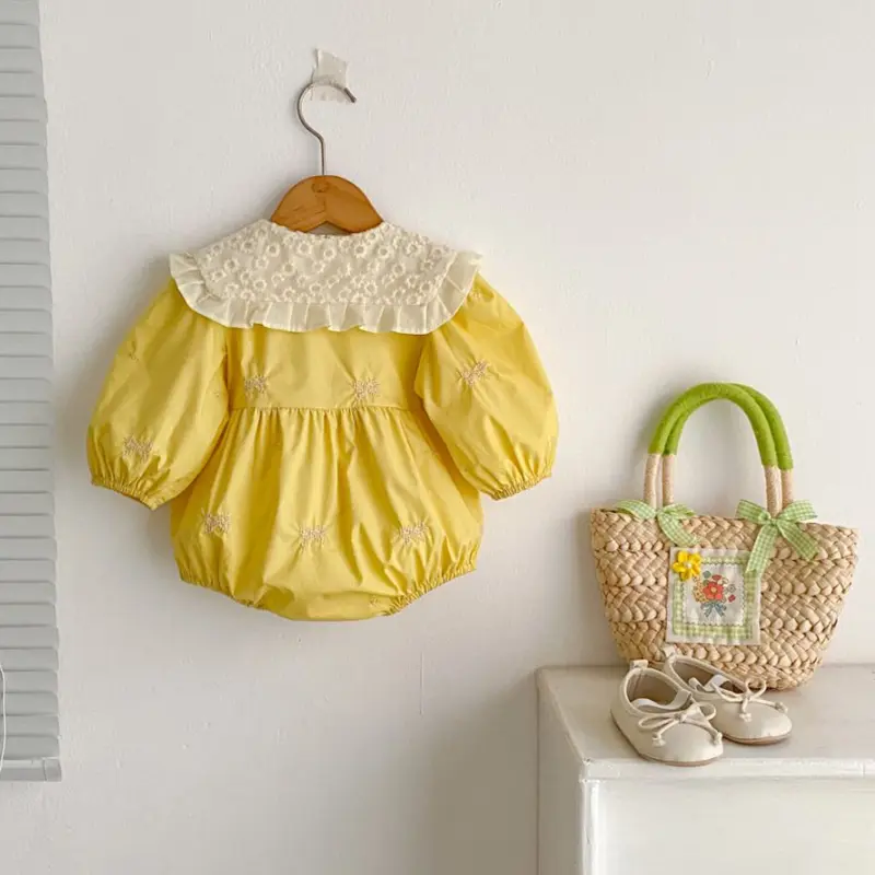 Newborn Baby Girl Romper Lace Bow Ribbon Ruffle Jumpsuit Long Sleeve Infant Toddler Floral Onesie Spring Embroidery Baby Clothes