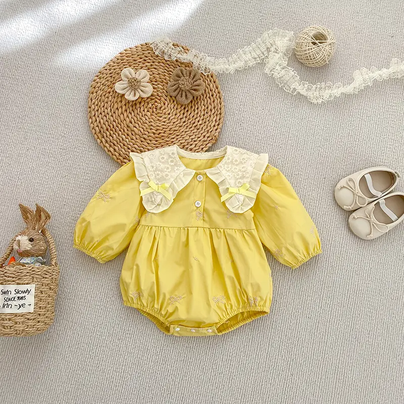 Newborn Baby Girl Romper Lace Bow Ribbon Ruffle Jumpsuit Long Sleeve Infant Toddler Floral Onesie Spring Embroidery Baby Clothes