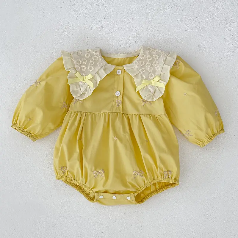 Newborn Baby Girl Romper Lace Bow Ribbon Ruffle Jumpsuit Long Sleeve Infant Toddler Floral Onesie Spring Embroidery Baby Clothes
