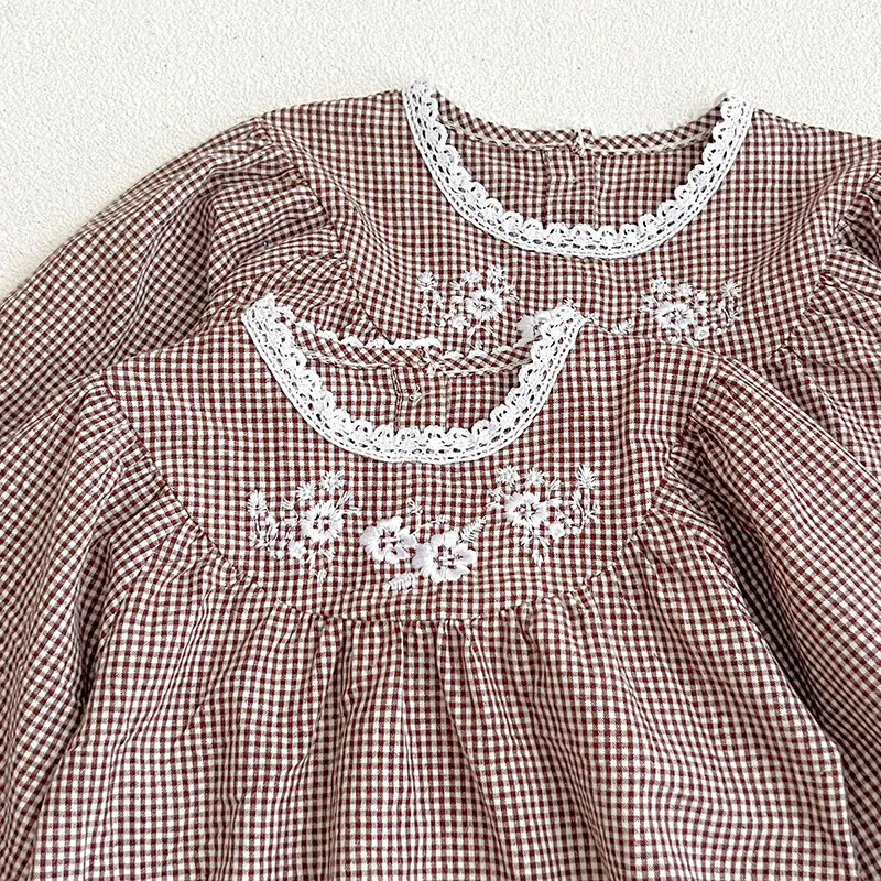 Spring Autumn Kids Baby Girls Long Sleeve Sweet Flower Embroider Princess Dress Baby Girls Grid Dress Children Clothes Dress