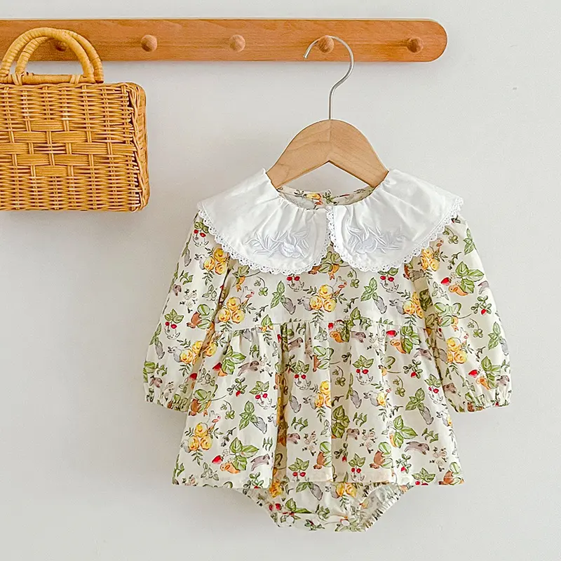 Spring Girls Romper 0-24M Children Clothes Climbing Suit Long Sleeved Cotton Flower Print Toddler Baby Girl Romper Korean Style