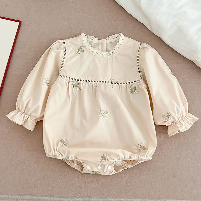 Autumn Children Clothes Embroider New Newborn Baby Girls Bodysuits Long Sleeved Cotton Lace Stitching Infant Baby Girls Jumpsuit