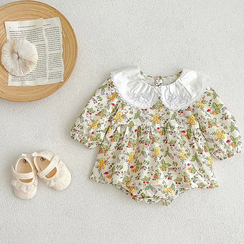 Spring Girls Romper 0-24M Children Clothes Climbing Suit Long Sleeved Cotton Flower Print Toddler Baby Girl Romper Korean Style