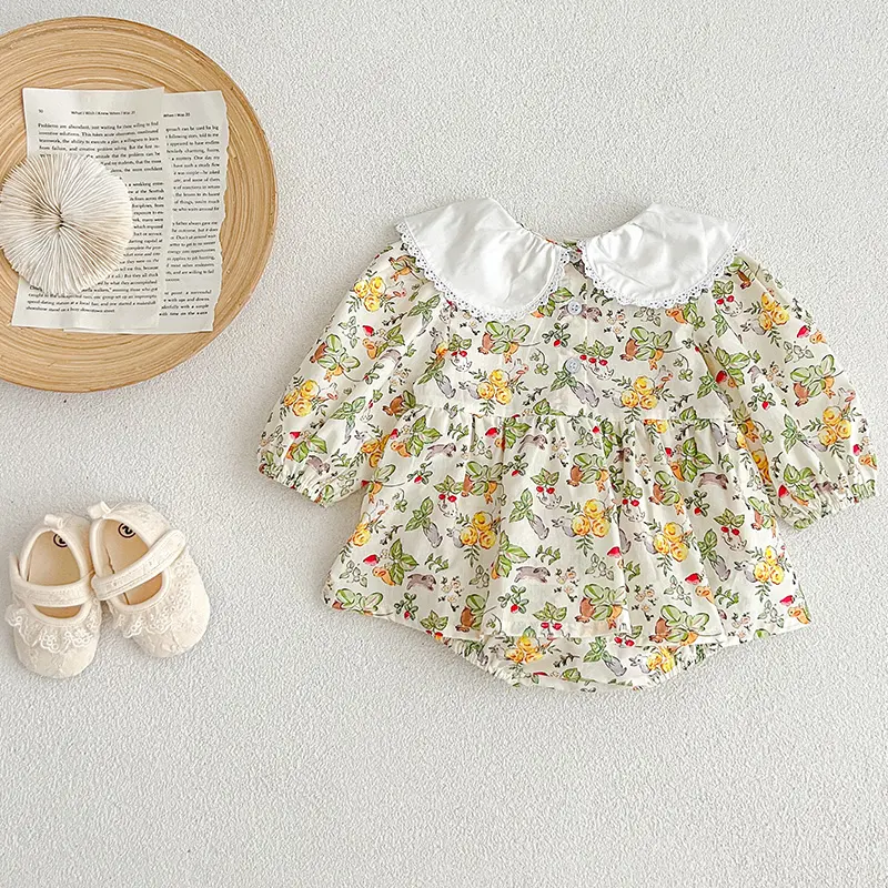 Spring Girls Romper 0-24M Children Clothes Climbing Suit Long Sleeved Cotton Flower Print Toddler Baby Girl Romper Korean Style