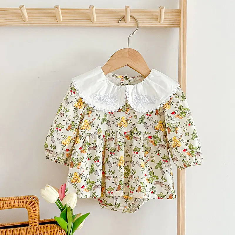 Spring Girls Romper 0-24M Children Clothes Climbing Suit Long Sleeved Cotton Flower Print Toddler Baby Girl Romper Korean Style