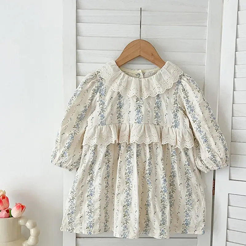 Toddler Princess Girl Dress 1-6Yrs Girls Lace Clothing Lace Blue Flowers Baby Long Sleeve Dress Infant Girl Clothes Kids Outfits