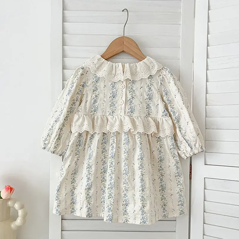 Toddler Princess Girl Dress 1-6Yrs Girls Lace Clothing Lace Blue Flowers Baby Long Sleeve Dress Infant Girl Clothes Kids Outfits