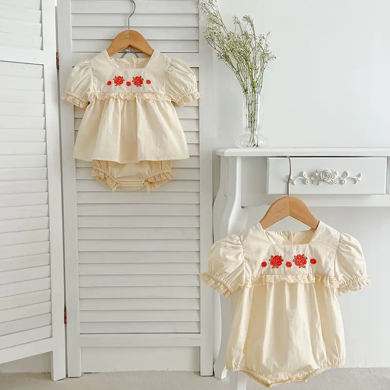 Summer Sisters suit Baby Girls Clothing Sets Baby Bodysuit Top Embroidery Blouse + PP Shorts Infant Newborn Girl Clothes Suit