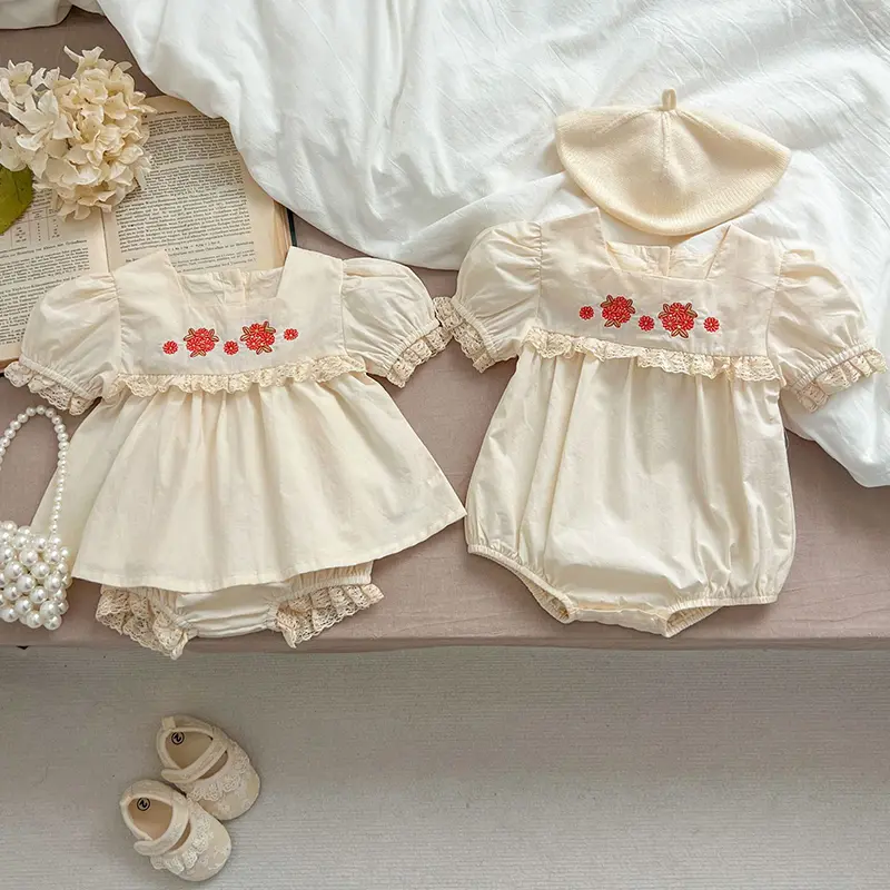 Summer Sisters suit Baby Girls Clothing Sets Baby Bodysuit Top Embroidery Blouse + PP Shorts Infant Newborn Girl Clothes Suit
