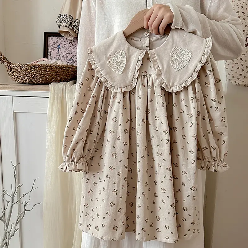 2025 Spring Kids Baby Girls Long Sleeve Flower Print Princess Dress Autumn Baby Girls Doll Collar Dress Children Clothes Dress ﻿