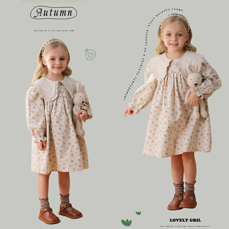 2025 Spring Kids Baby Girls Long Sleeve Flower Print Princess Dress Autumn Baby Girls Doll Collar Dress Children Clothes Dress ﻿