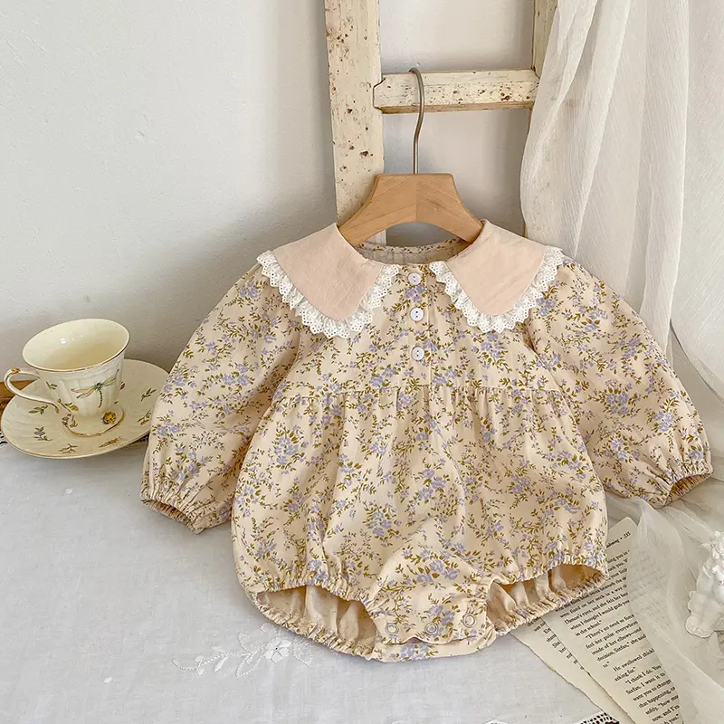 Autumn Spring Newborn Baby Girls Bodysuits Long Sleeved Cotton Lace Flower Infant Baby Girls Jumpsuit 0-24M Children Clothes