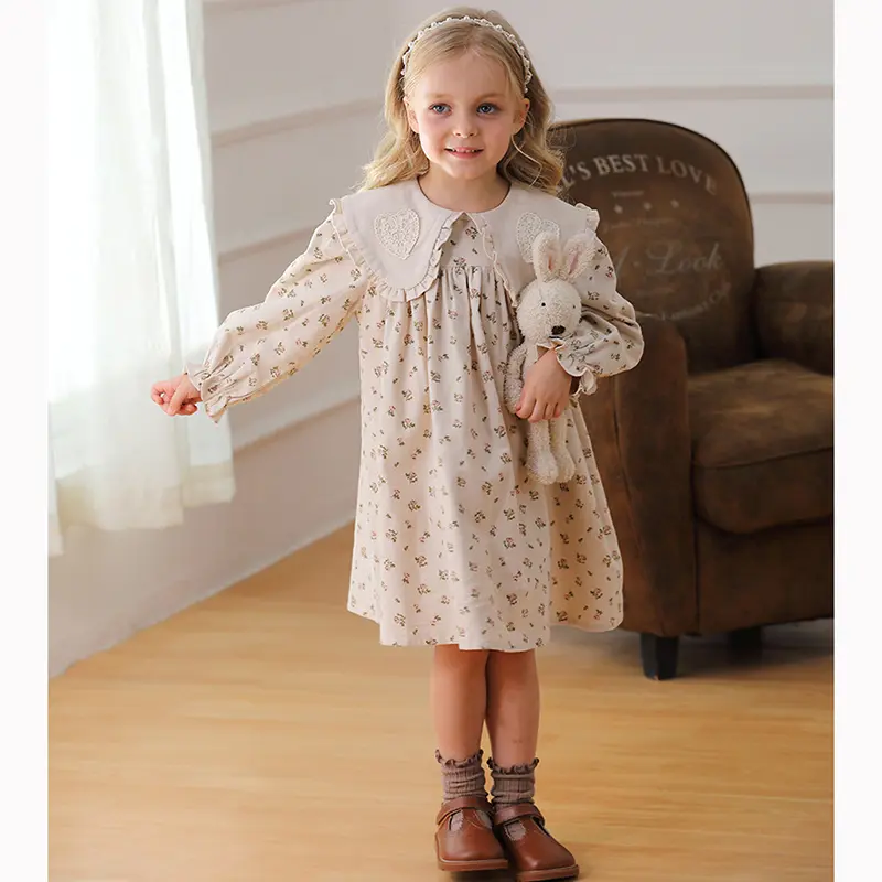 2025 Spring Kids Baby Girls Long Sleeve Flower Print Princess Dress Autumn Baby Girls Doll Collar Dress Children Clothes Dress ﻿