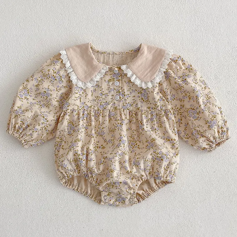 Autumn Spring Newborn Baby Girls Bodysuits Long Sleeved Cotton Lace Flower Infant Baby Girls Jumpsuit 0-24M Children Clothes