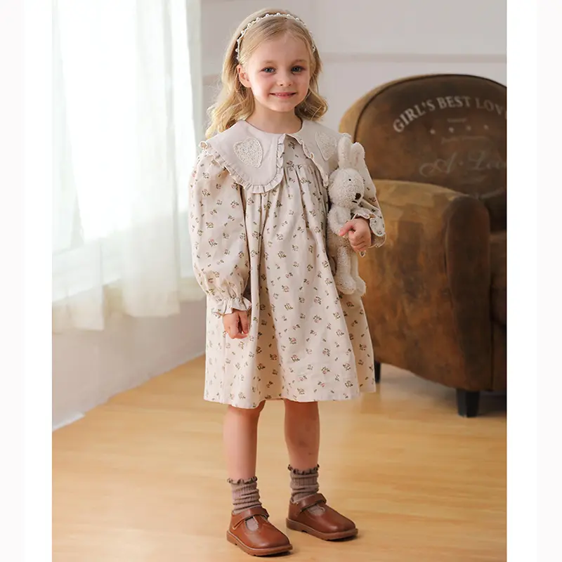 2025 Spring Kids Baby Girls Long Sleeve Flower Print Princess Dress Autumn Baby Girls Doll Collar Dress Children Clothes Dress ﻿