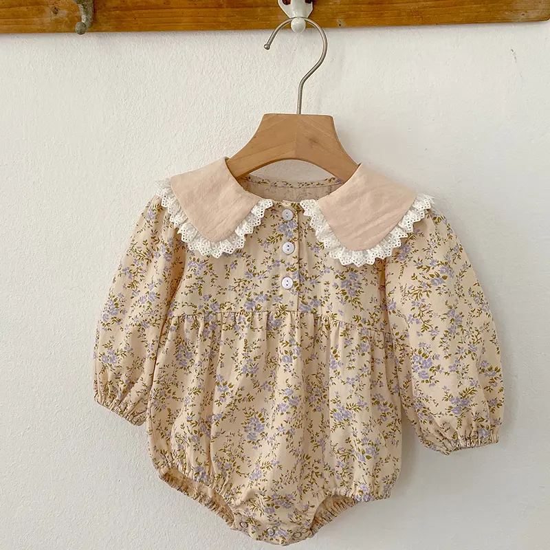 Autumn Spring Newborn Baby Girls Bodysuits Long Sleeved Cotton Lace Flower Infant Baby Girls Jumpsuit 0-24M Children Clothes