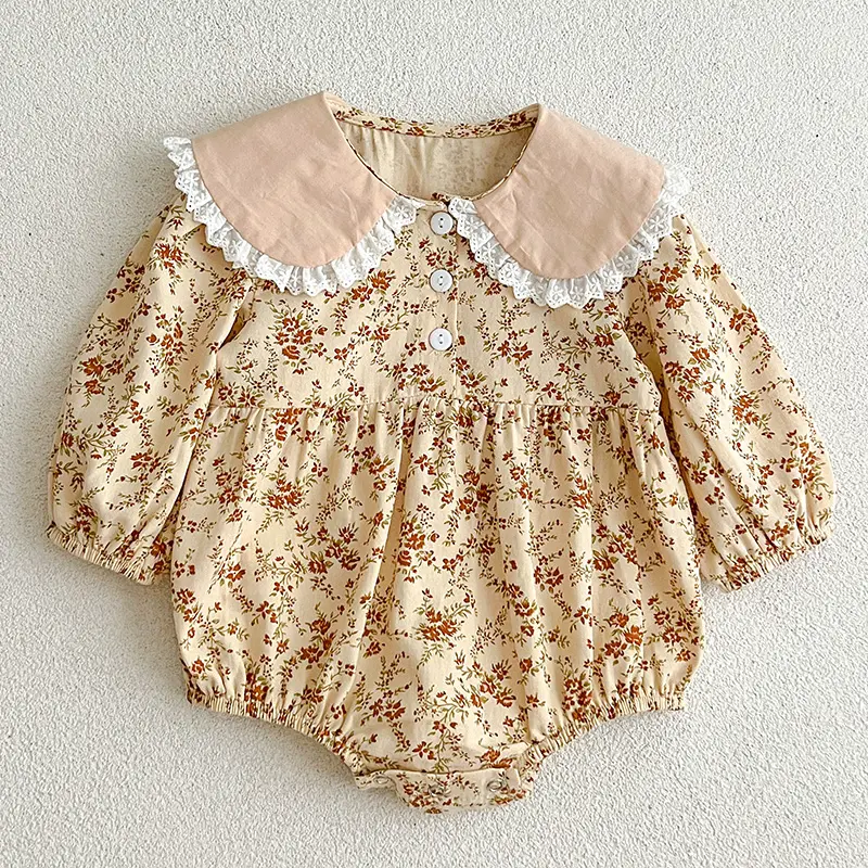Autumn Spring Newborn Baby Girls Bodysuits Long Sleeved Cotton Lace Flower Infant Baby Girls Jumpsuit 0-24M Children Clothes