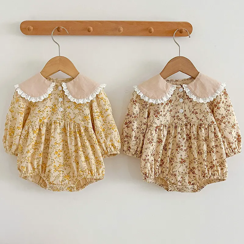 Autumn Spring Newborn Baby Girls Bodysuits Long Sleeved Cotton Lace Flower Infant Baby Girls Jumpsuit 0-24M Children Clothes