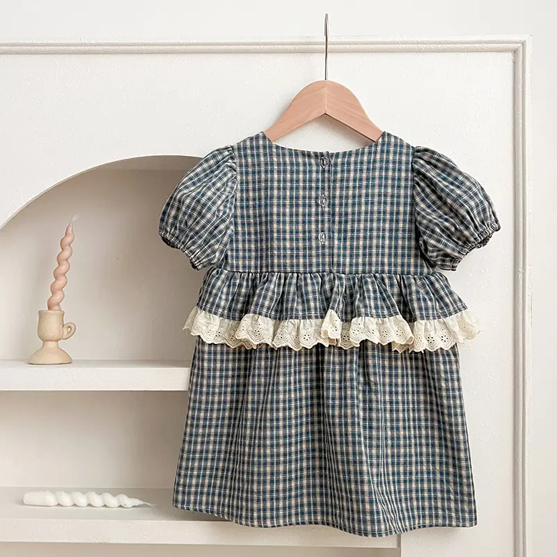 Girls Birthday Gift Princess Dress Grid Girls Casual Embroidered Floral Dress Ruffles Lace Kids Pure Cotton Puffy Sleeve Clothes