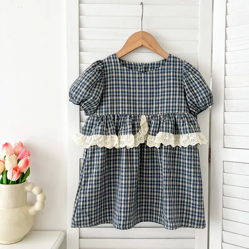 Girls Birthday Gift Princess Dress Grid Girls Casual Embroidered Floral Dress Ruffles Lace Kids Pure Cotton Puffy Sleeve Clothes