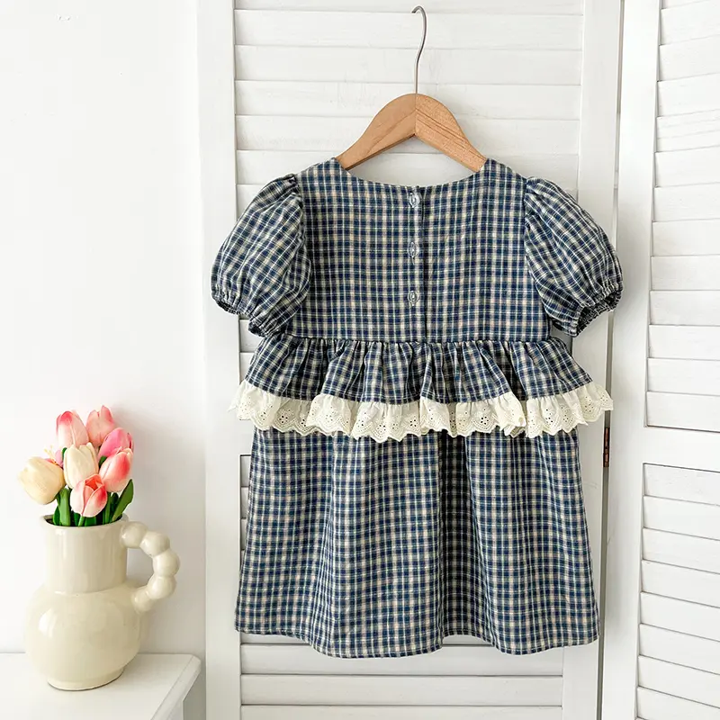 Girls Birthday Gift Princess Dress Grid Girls Casual Embroidered Floral Dress Ruffles Lace Kids Pure Cotton Puffy Sleeve Clothes