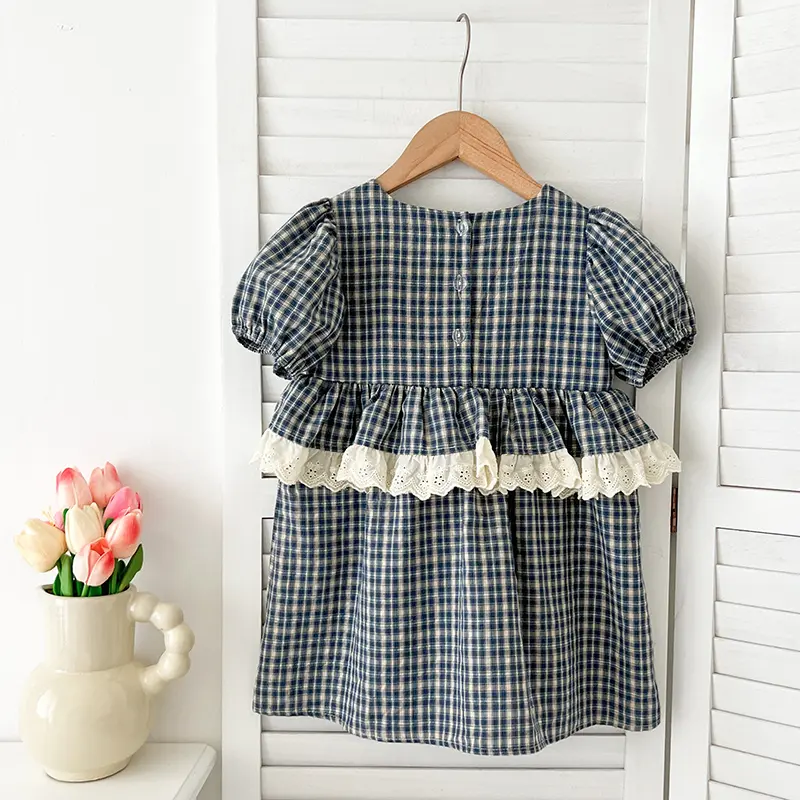 Girls Birthday Gift Princess Dress Grid Girls Casual Embroidered Floral Dress Ruffles Lace Kids Pure Cotton Puffy Sleeve Clothes