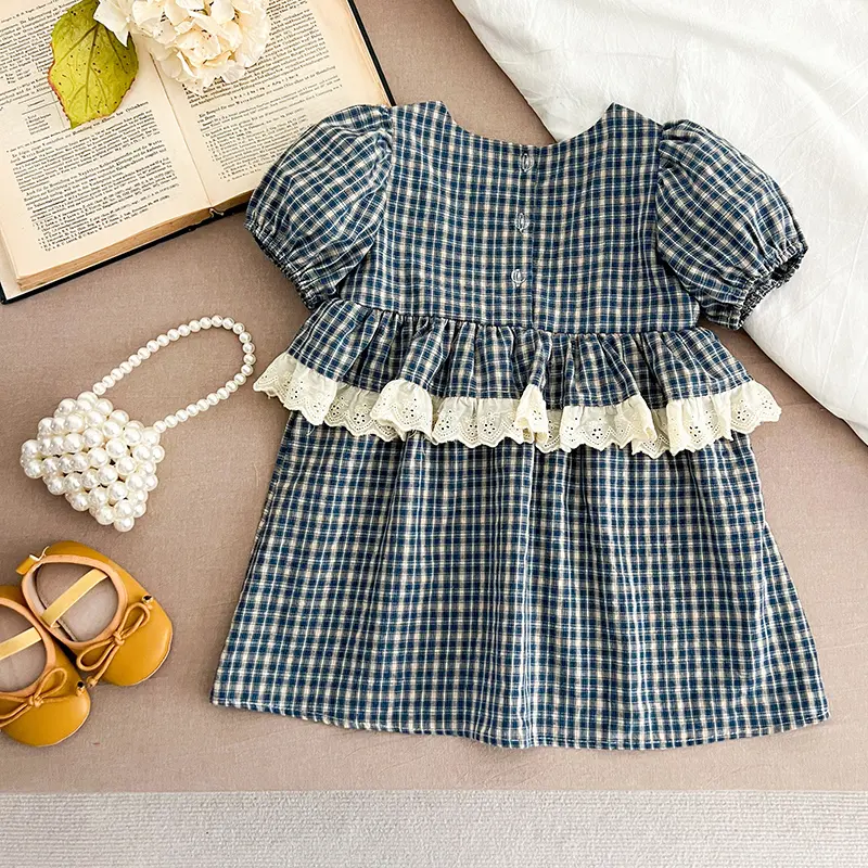 Girls Birthday Gift Princess Dress Grid Girls Casual Embroidered Floral Dress Ruffles Lace Kids Pure Cotton Puffy Sleeve Clothes