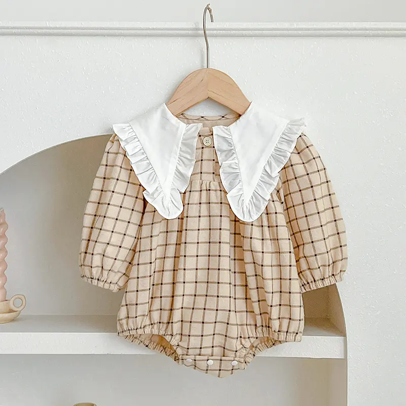 Baby Clothes Newborn Infant Baby Girls Romper Grid Solid Long Sleeve Cotton Rompers Large Collar Kids Baby Jumpsuit Playsuit