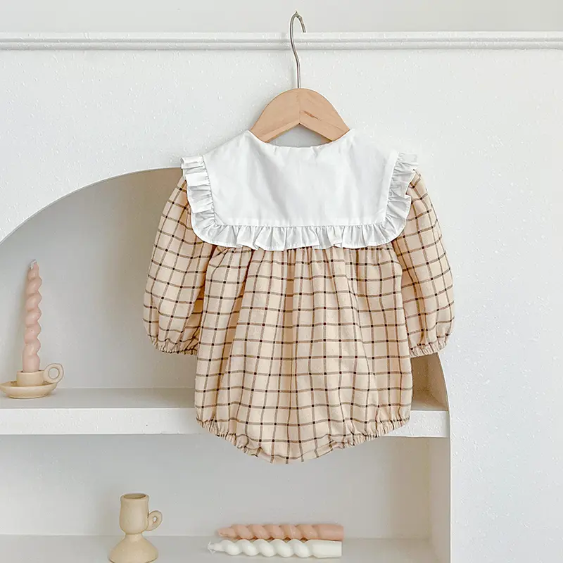 Baby Clothes Newborn Infant Baby Girls Romper Grid Solid Long Sleeve Cotton Rompers Large Collar Kids Baby Jumpsuit Playsuit