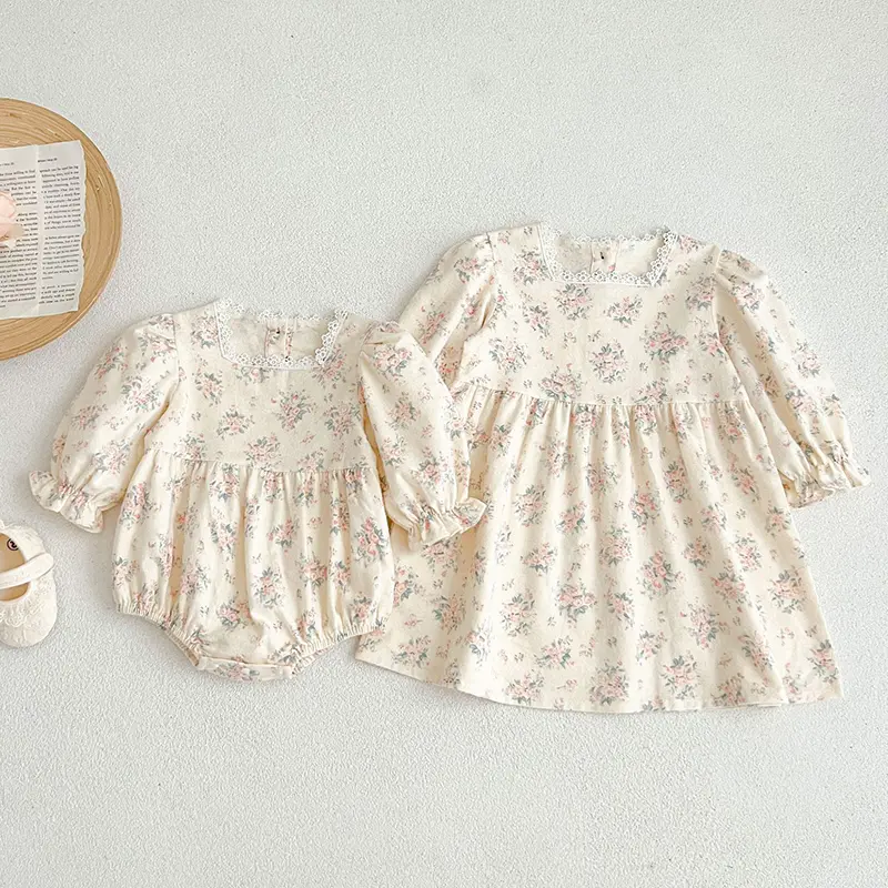 New Infant Kids Baby Girls Long Sleeve Sweet Flower Print Sisters Dress Spring Autumn Newborn Baby Girls Clothes Rompers