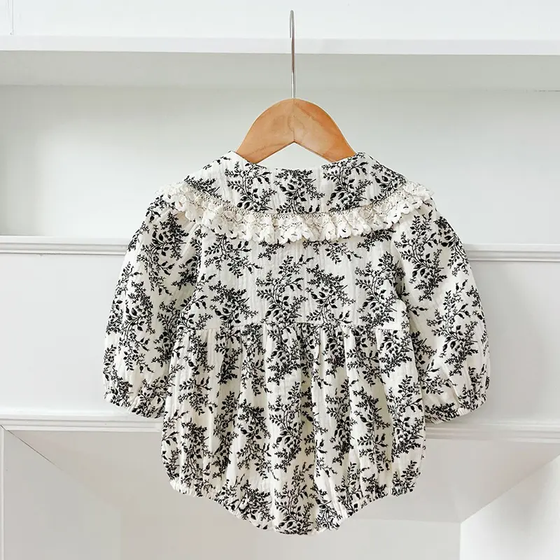 0-24M Baby Girl Floral Jumpsuit Full Sleeve Lace Princess Romper Lapel Vintage Style Newborn Kids Casual Jumpsuit Baby Jumpsuit