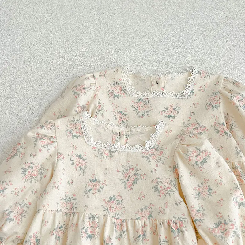 New Infant Kids Baby Girls Long Sleeve Sweet Flower Print Sisters Dress Spring Autumn Newborn Baby Girls Clothes Rompers
