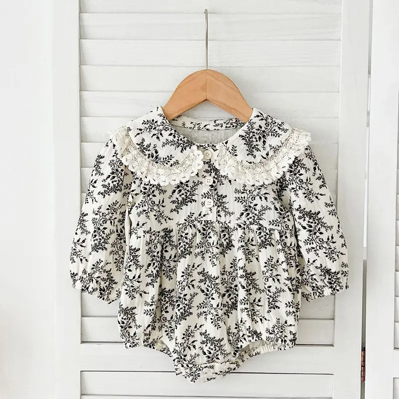 0-24M Baby Girl Floral Jumpsuit Full Sleeve Lace Princess Romper Lapel Vintage Style Newborn Kids Casual Jumpsuit Baby Jumpsuit