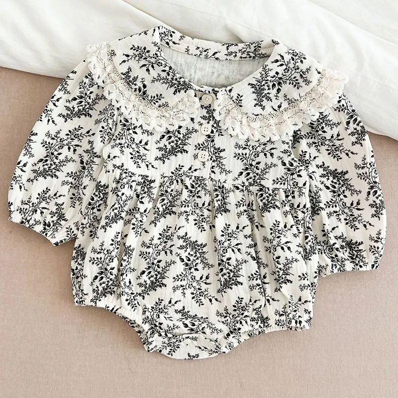 0-24M Baby Girl Floral Jumpsuit Full Sleeve Lace Princess Romper Lapel Vintage Style Newborn Kids Casual Jumpsuit Baby Jumpsuit