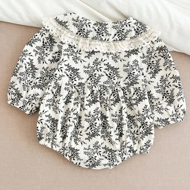 0-24M Baby Girl Floral Jumpsuit Full Sleeve Lace Princess Romper Lapel Vintage Style Newborn Kids Casual Jumpsuit Baby Jumpsuit