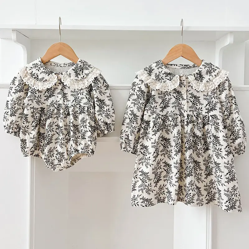 0-24M Baby Girl Floral Jumpsuit Full Sleeve Lace Princess Romper Lapel Vintage Style Newborn Kids Casual Jumpsuit Baby Jumpsuit