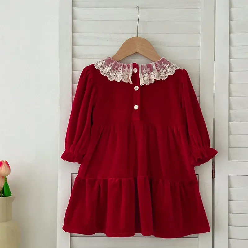 Christmas Party Dress Baby Girl Long Sleeve Ruffle Satin Finish Dress Lace Holiday Autumn Winter Wear Kid Girl Clothing New Year