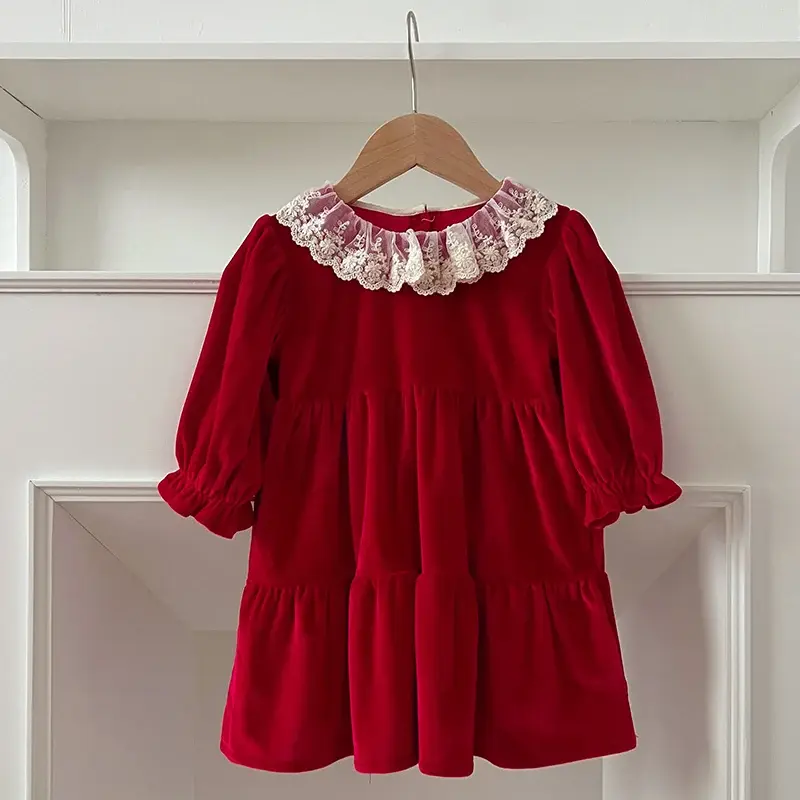 Christmas Party Dress Baby Girl Long Sleeve Ruffle Satin Finish Dress Lace Holiday Autumn Winter Wear Kid Girl Clothing New Year