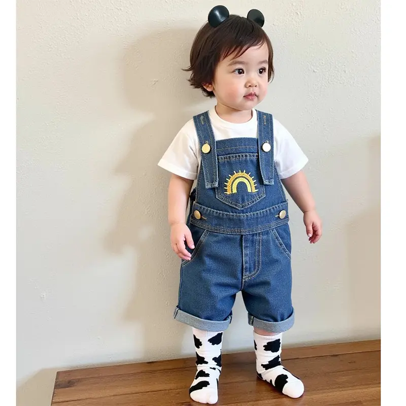 Autumn Baby Denim Jumpsuit Embroider Rainbow Toddler Kid Boy Girl Pocket Loose Suspender Overall Jeans Fashion Overalls Clothes