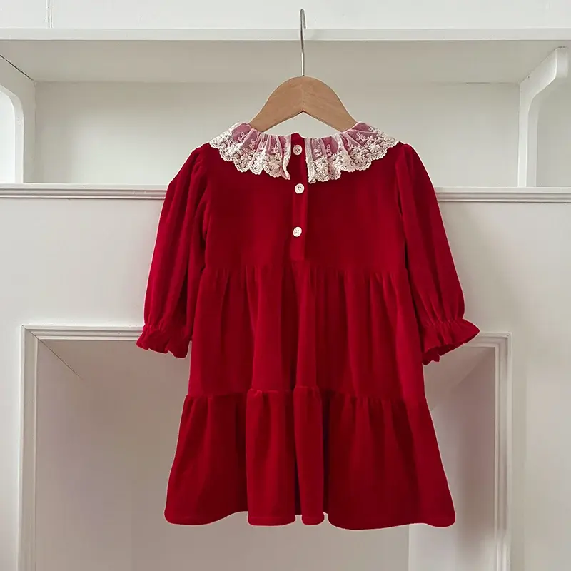 Christmas Party Dress Baby Girl Long Sleeve Ruffle Satin Finish Dress Lace Holiday Autumn Winter Wear Kid Girl Clothing New Year