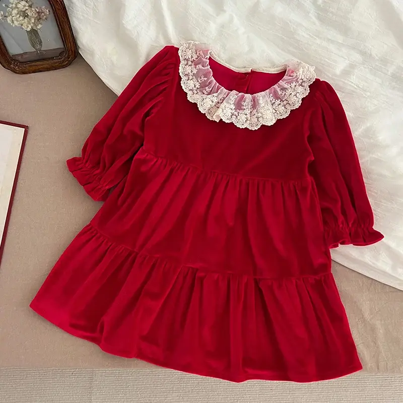 Christmas Party Dress Baby Girl Long Sleeve Ruffle Satin Finish Dress Lace Holiday Autumn Winter Wear Kid Girl Clothing New Year