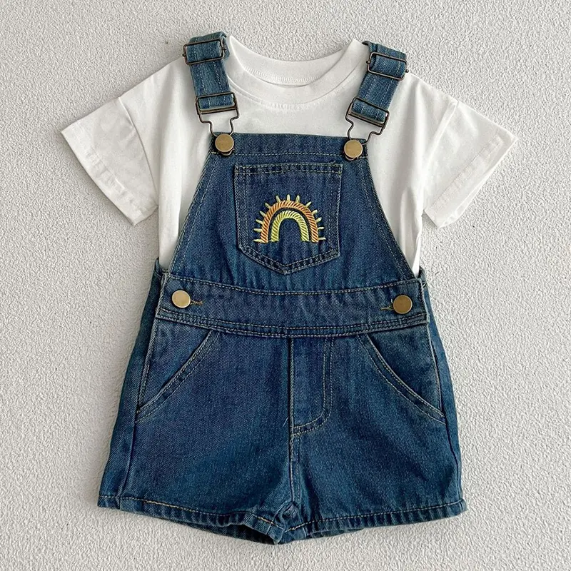 Autumn Baby Denim Jumpsuit Embroider Rainbow Toddler Kid Boy Girl Pocket Loose Suspender Overall Jeans Fashion Overalls Clothes