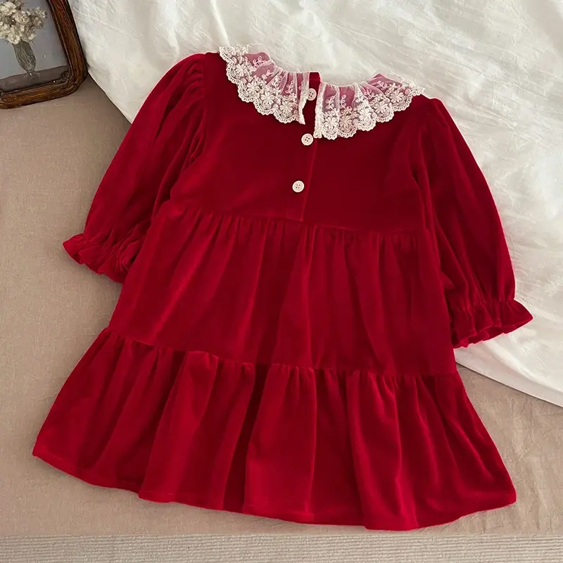 Christmas Party Dress Baby Girl Long Sleeve Ruffle Satin Finish Dress Lace Holiday Autumn Winter Wear Kid Girl Clothing New Year