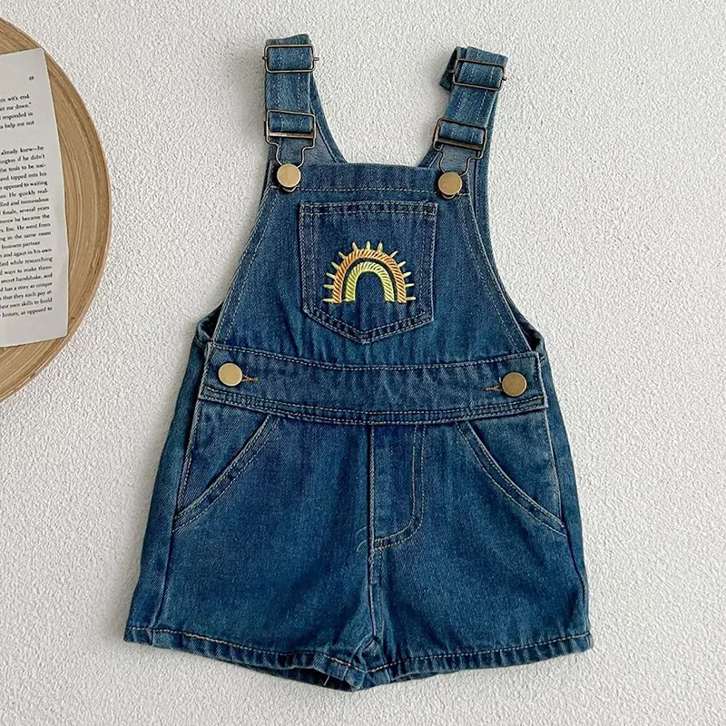 Autumn Baby Denim Jumpsuit Embroider Rainbow Toddler Kid Boy Girl Pocket Loose Suspender Overall Jeans Fashion Overalls Clothes
