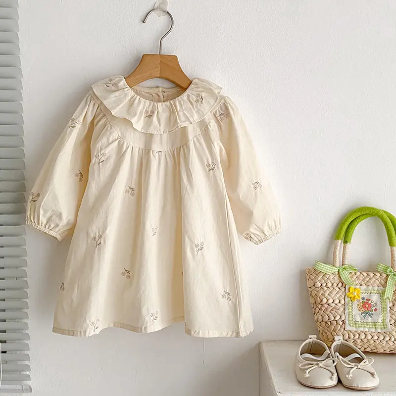 1-6Yrs Girls' Dress Floral Embroidery Lace Girls' Cotton Dress Autumn New Flower Long Sleeved Sweet Children's Princess Dress
