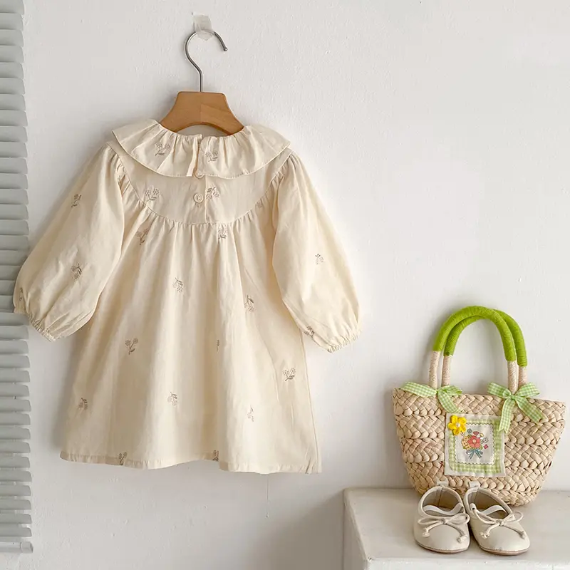 1-6Yrs Girls' Dress Floral Embroidery Lace Girls' Cotton Dress Autumn New Flower Long Sleeved Sweet Children's Princess Dress