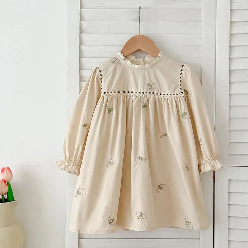 Autumn Baby Embroider Princess Dress New Girls Dress Little Girl Lace Collar Hollow Dress Cotton Princess Kids Dress Korea Style